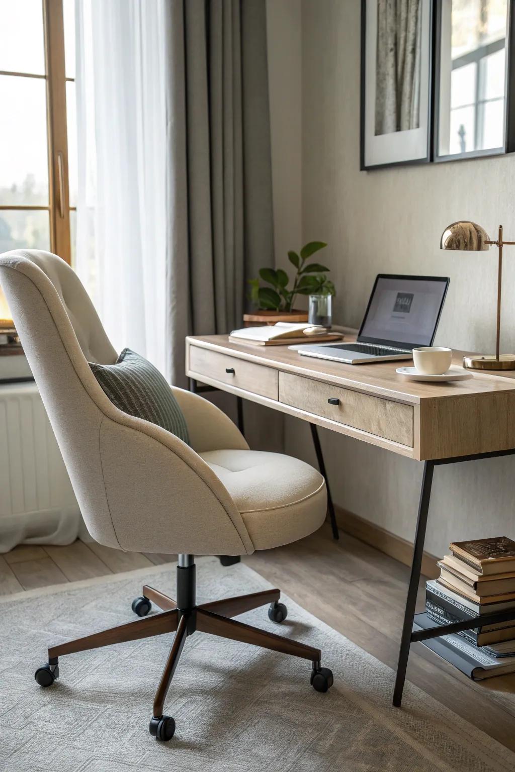 An ergonomic chair ensures comfort and a healthy posture.