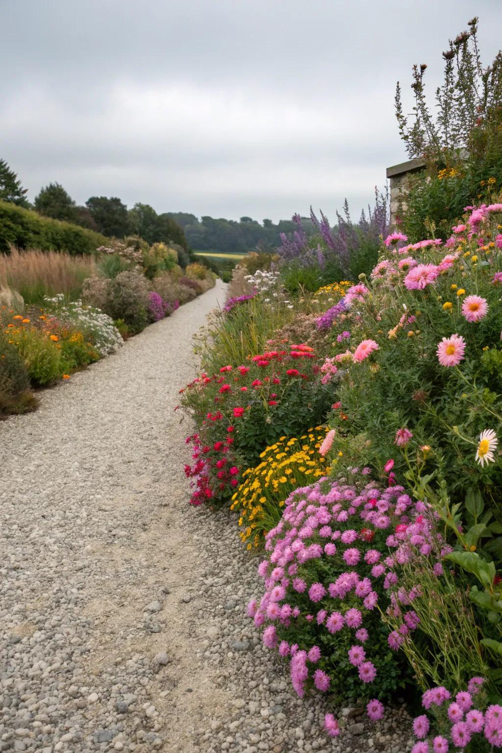 A vibrant pebble garden bed exhibiting seasonal flora in rotation
