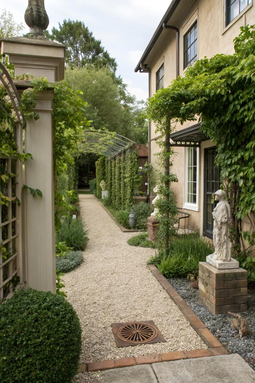 Vertical elements add interest and break up the gravel landscape.