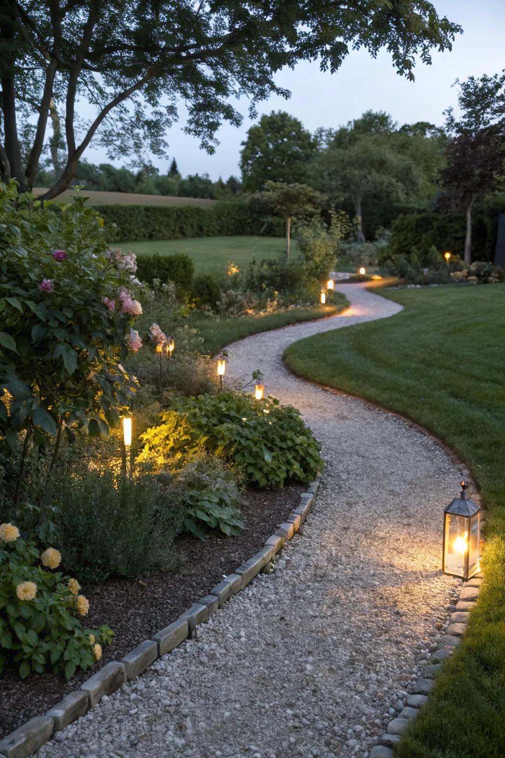 A gravel path beautifully lit with solar lights for nighttime elegance.