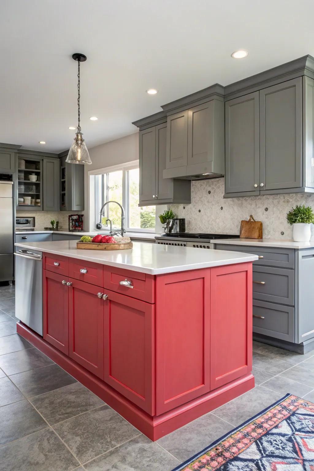 The gray cabinets provide a backdrop for a striking colorful island.