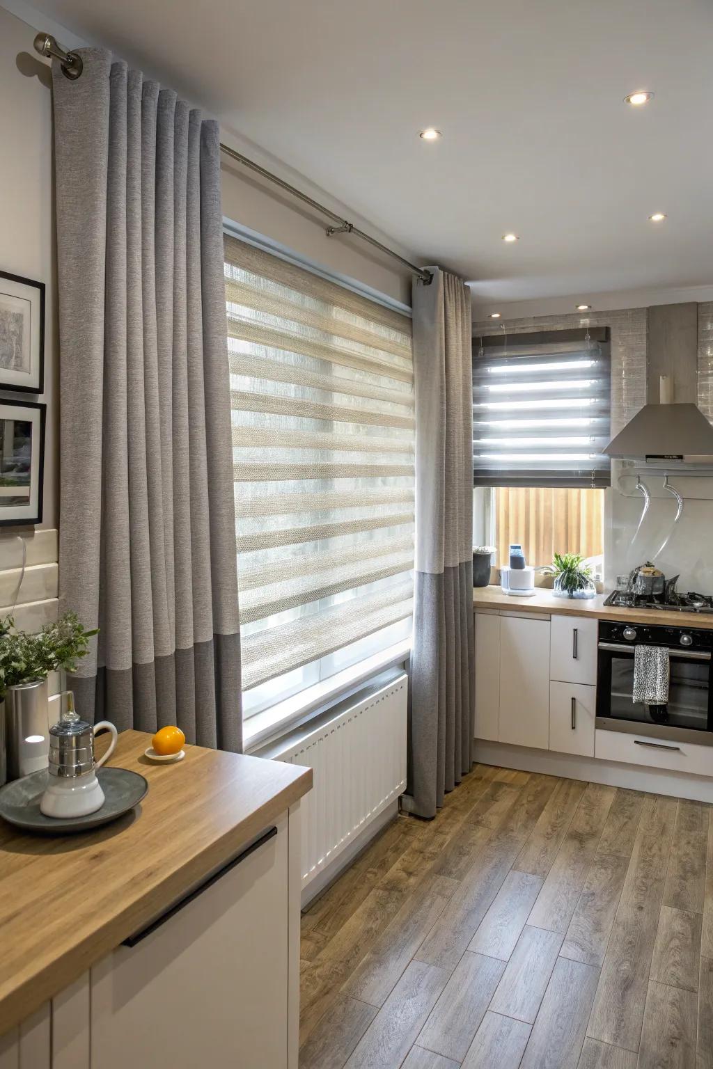 Layer gray drapes over blinds for versatile light and privacy control.
