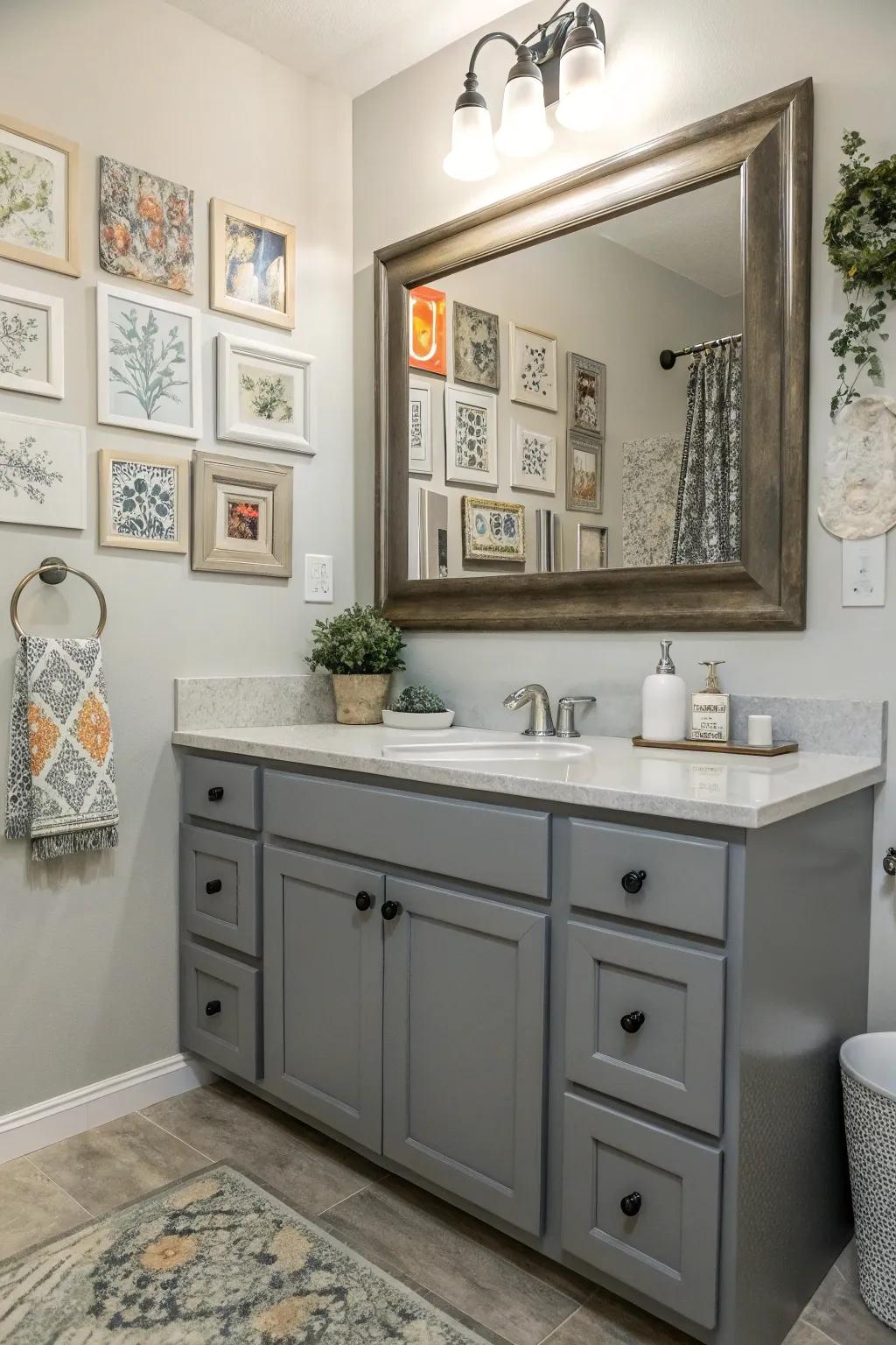 An artistic lavatory with a gray stand and curated wall art.