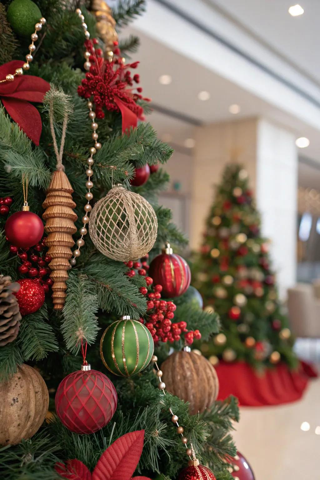 An eclectic Christmas tree showcasing diverse crimson and emerald decorations.