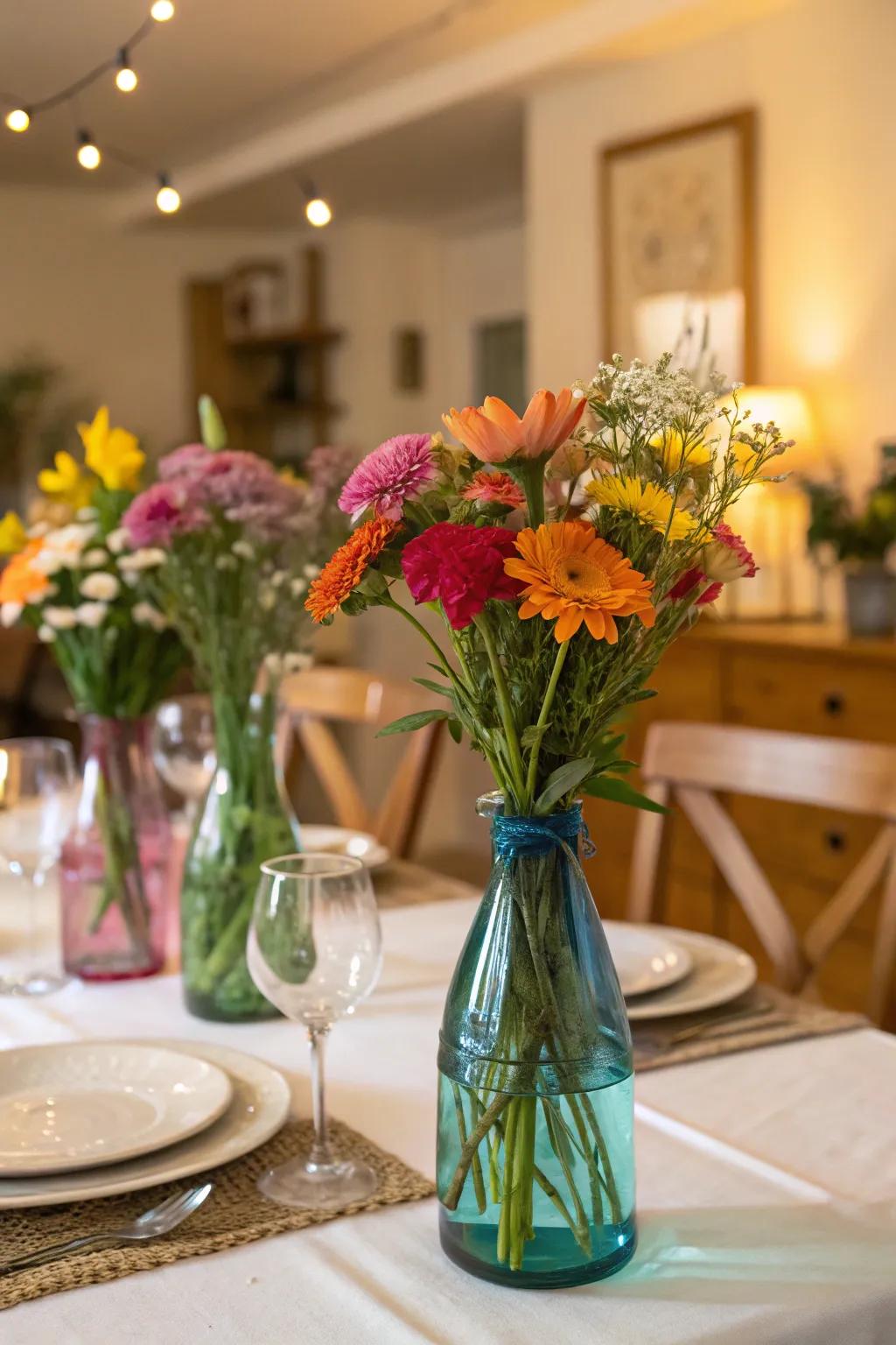 A dining table showcasing vibrant recycled glass vases.