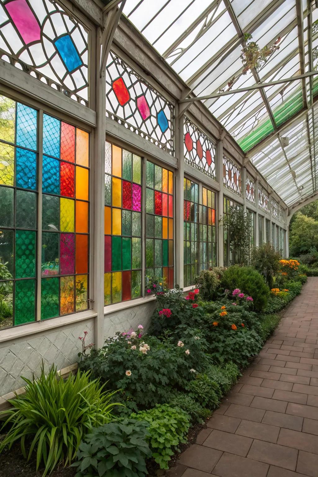 A greenhouse with stained glass panels, adding lively color.