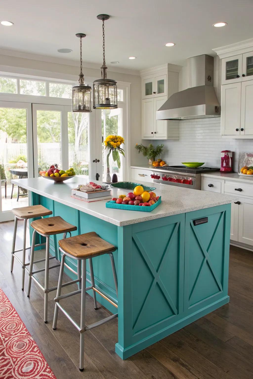 An azure central island becomes the cooking area's vibrant core.