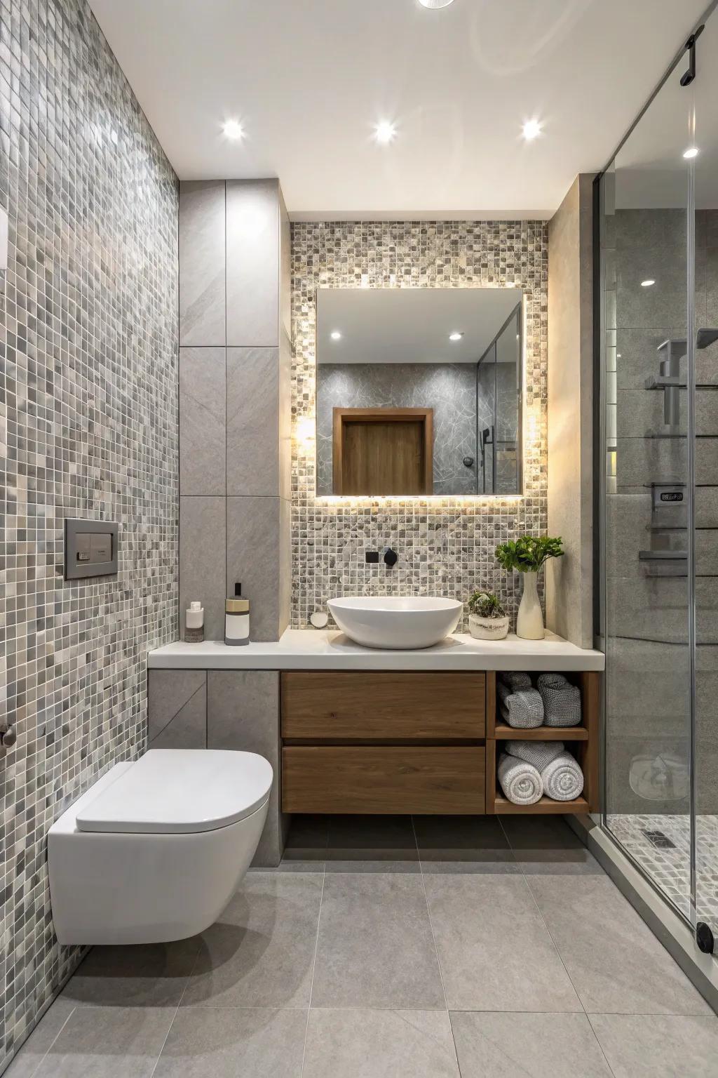Mosaic tiles add an artistic touch and focal point to the bathroom.