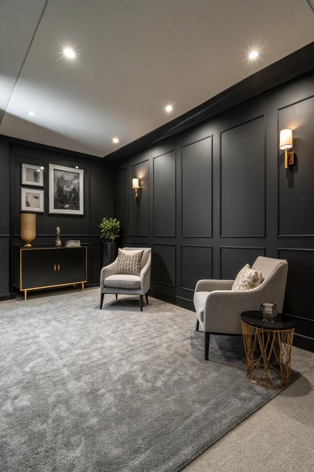 Ebony walls make a bold statement with grey floor coverings.