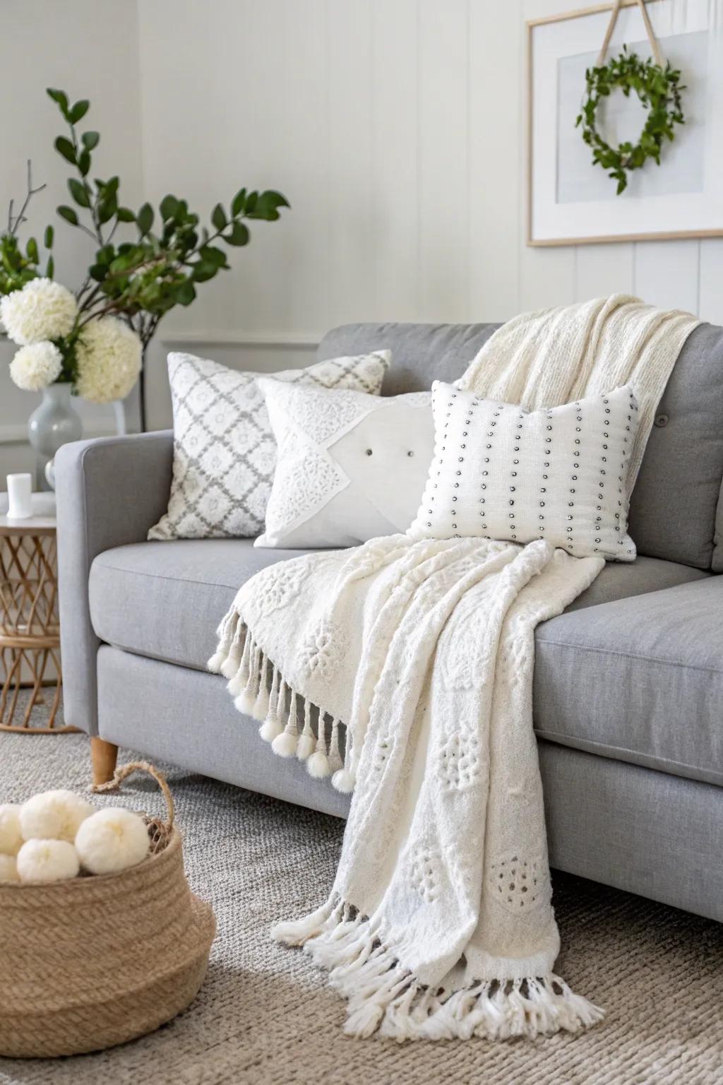 White elements brighten up a room featuring a gray sofa.