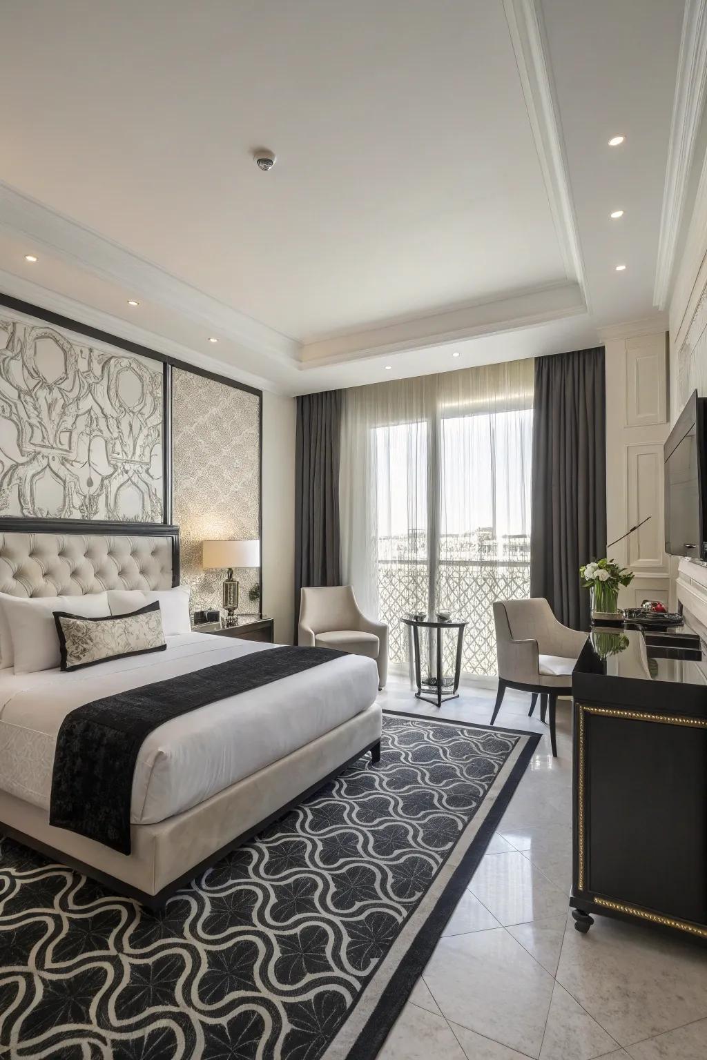 A chic guest room featuring a timeless monochrome palette.