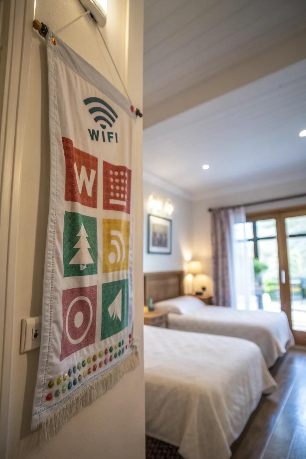 A textile banner softly presenting WiFi details in a welcoming guest room.