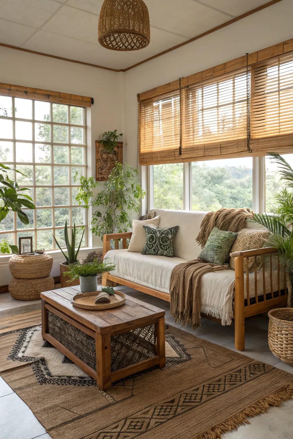 A sustainable living room featuring mimic wood blinds.