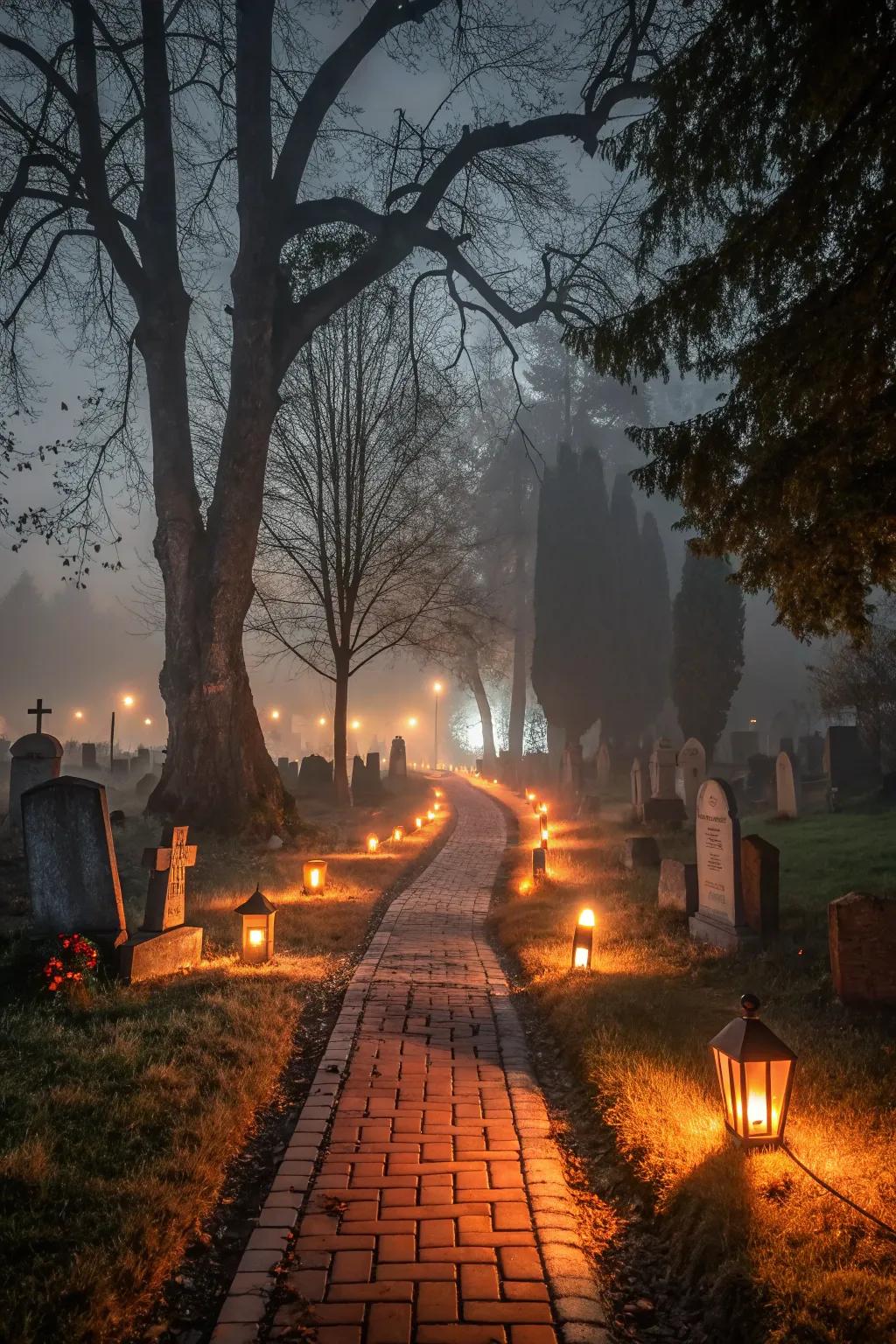 Pathway lights guide visitors on their spooky journey.