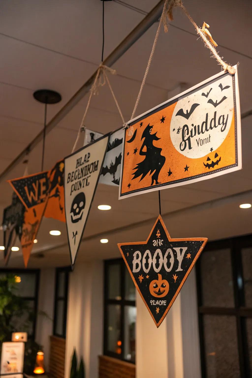 Hovering signs fashioning an ethereal Halloween atmosphere.