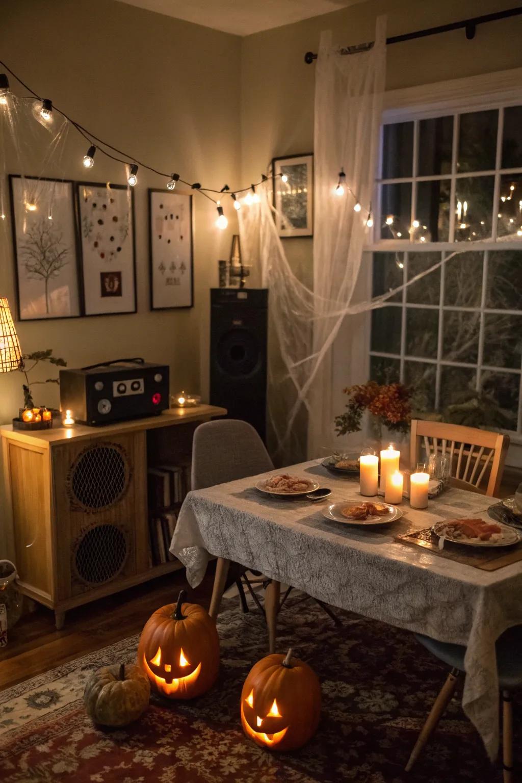 Eerie music enhances the immersive Halloween experience.