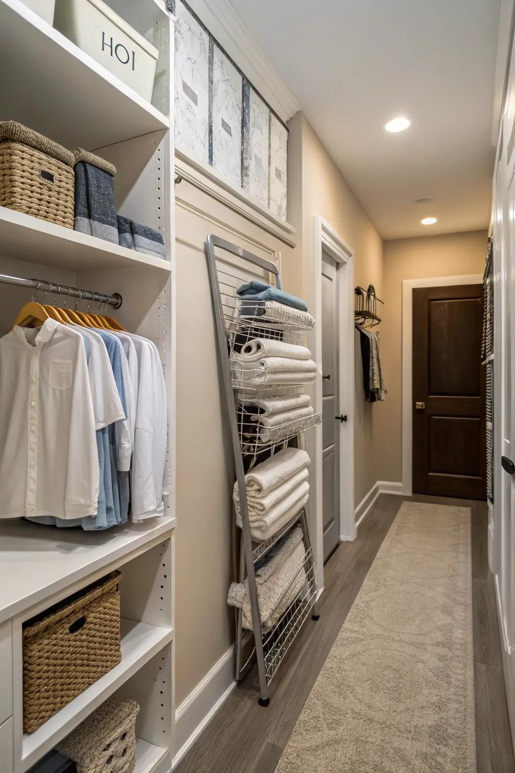 Wall-mounted racks provide innovative storage solutions.