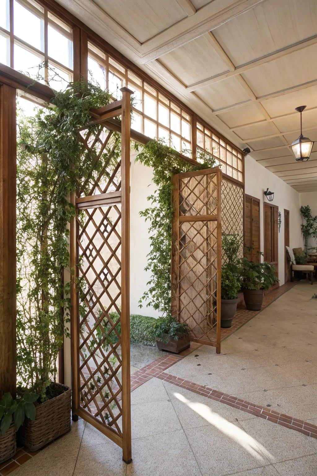 Lattice screens bring a garden feel indoors.