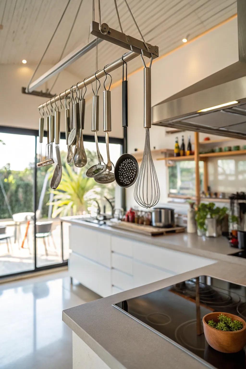 Improve kitchen efficiency with a suspended utensil bar.