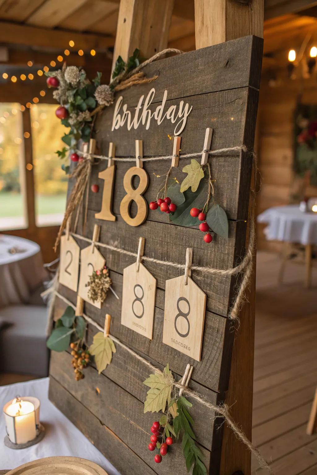 A warm rustic-themed birthday display that exudes cozy charm.