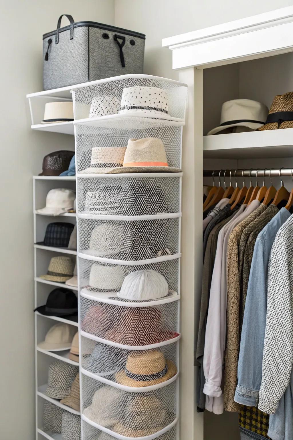 Hats inside mesh organizers.