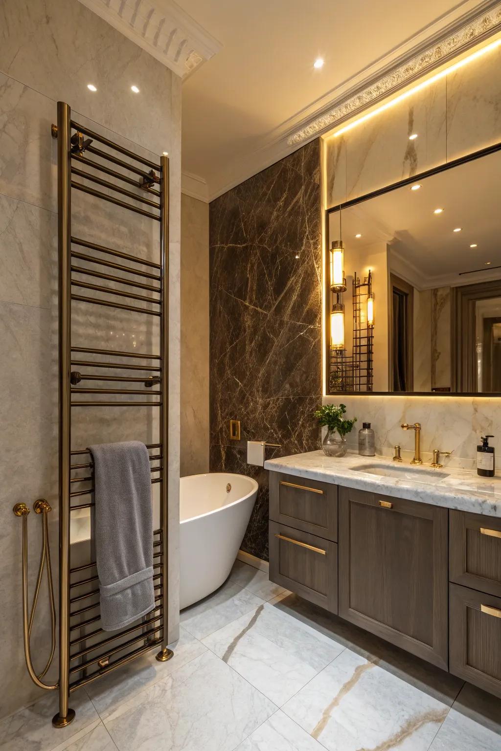 An elegant bathroom equipped with a heated cloth bar, adding a touch of luxury and warmth.