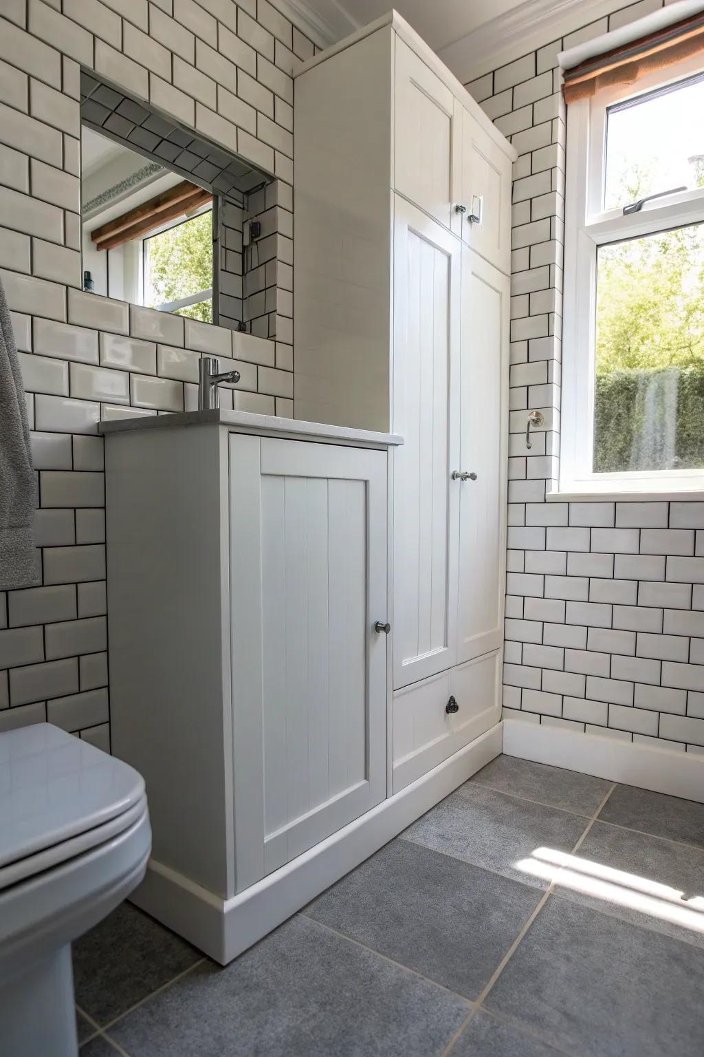 Tiles cleverly hiding a storage cabinet in a smooth design.