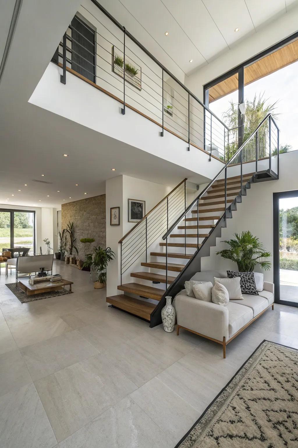 A striking suspended staircase enhances contemporary elegance.