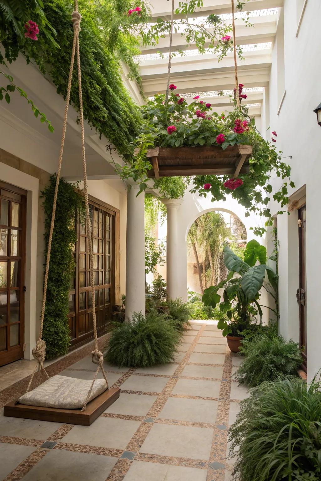 A whimsical suspended flora bed and swing introducing surprise to an atrium.