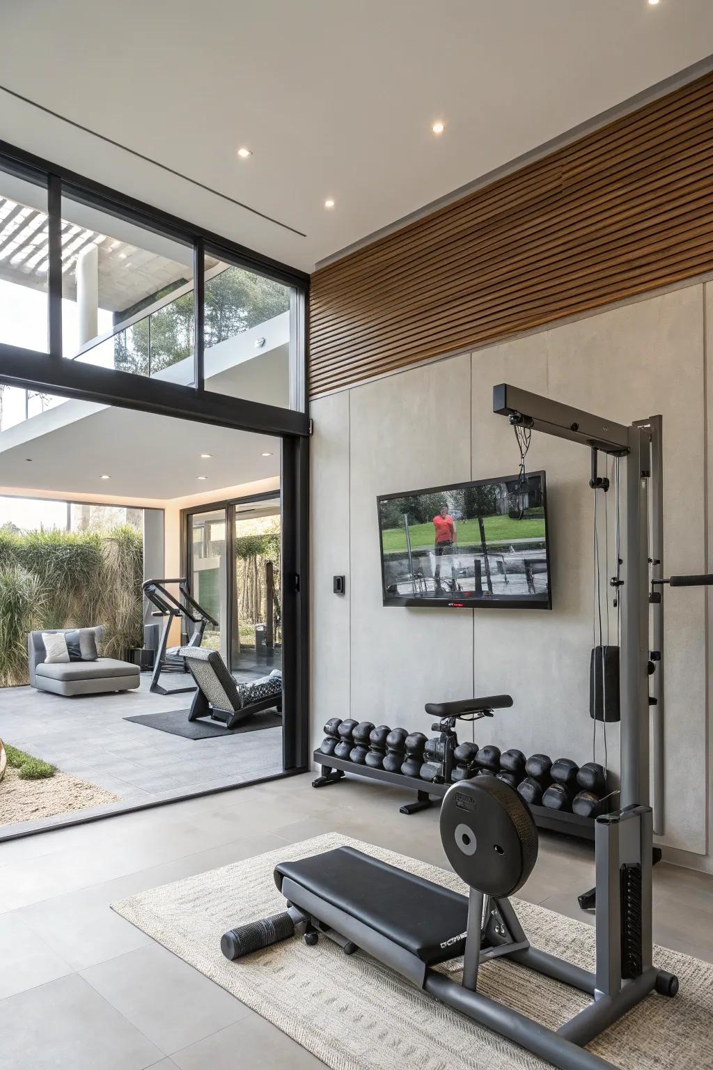 Wall-mounted TV: Where entertainment meets exercise.