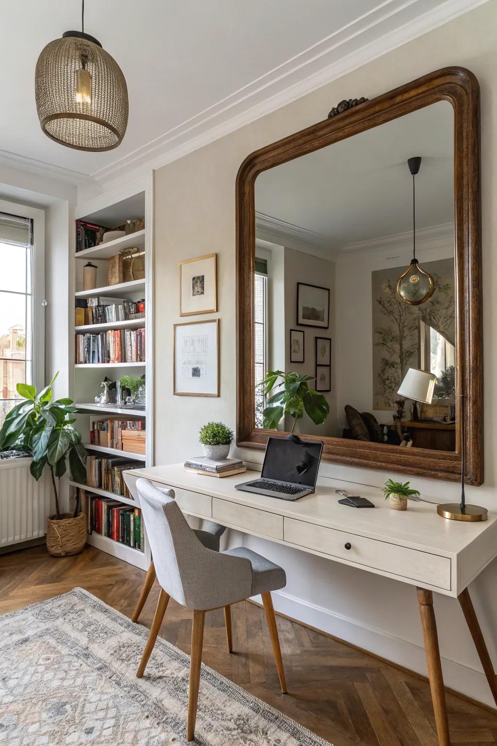 Mirrors enhance light and space in a home office environment.
