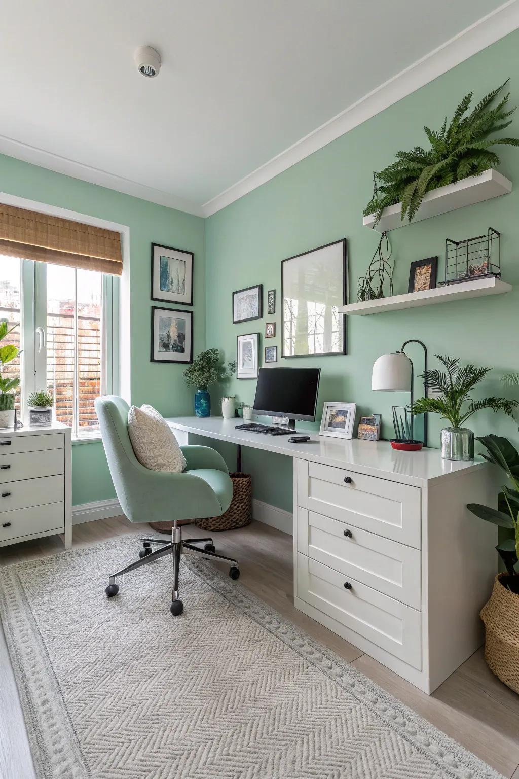 Jade walls fashion a revitalizing and invigorating atmosphere within this modern personal office.
