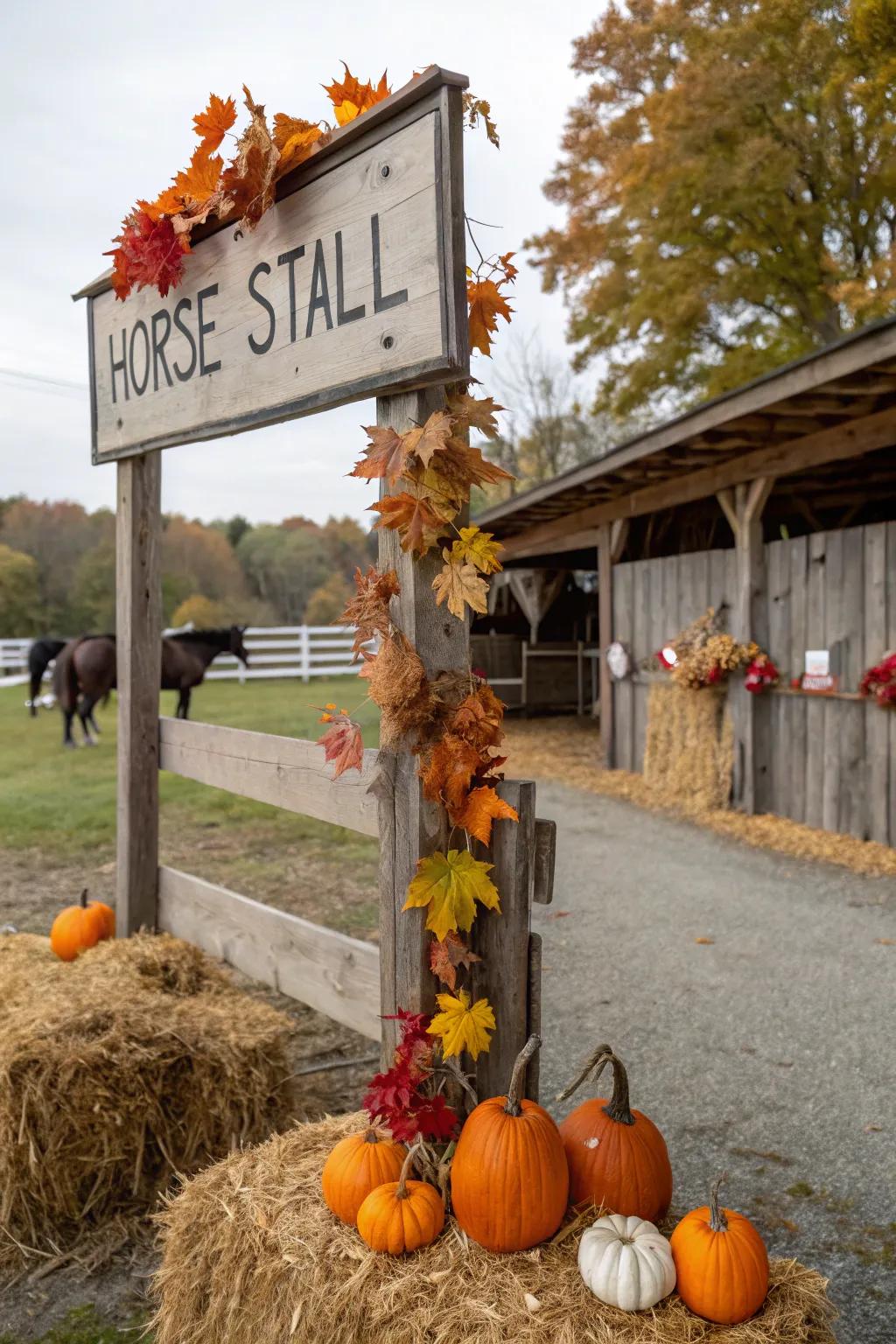 A horse stall marker exhibiting seasonal embellishments.