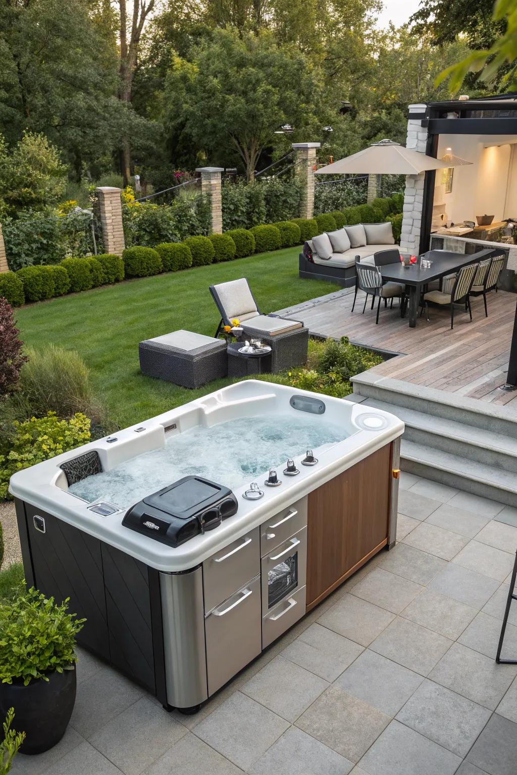 An outdoor kitchen contributes convenience and luxury to your hot tub adventure.