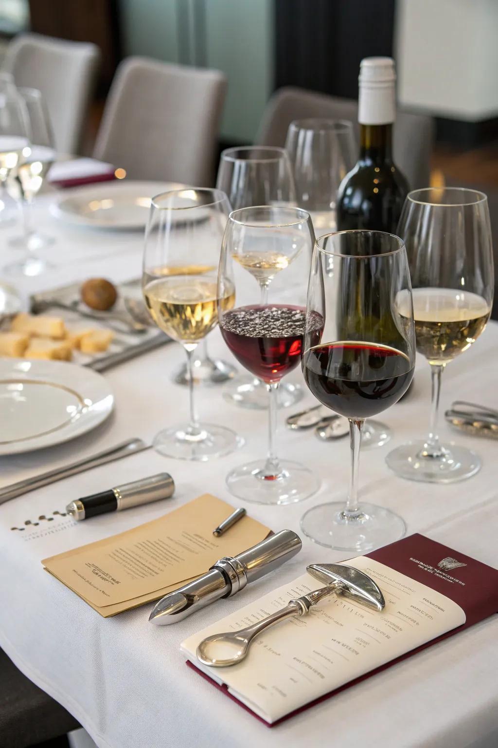 An elegant wine tasting arrangement for a sophisticated housewarming