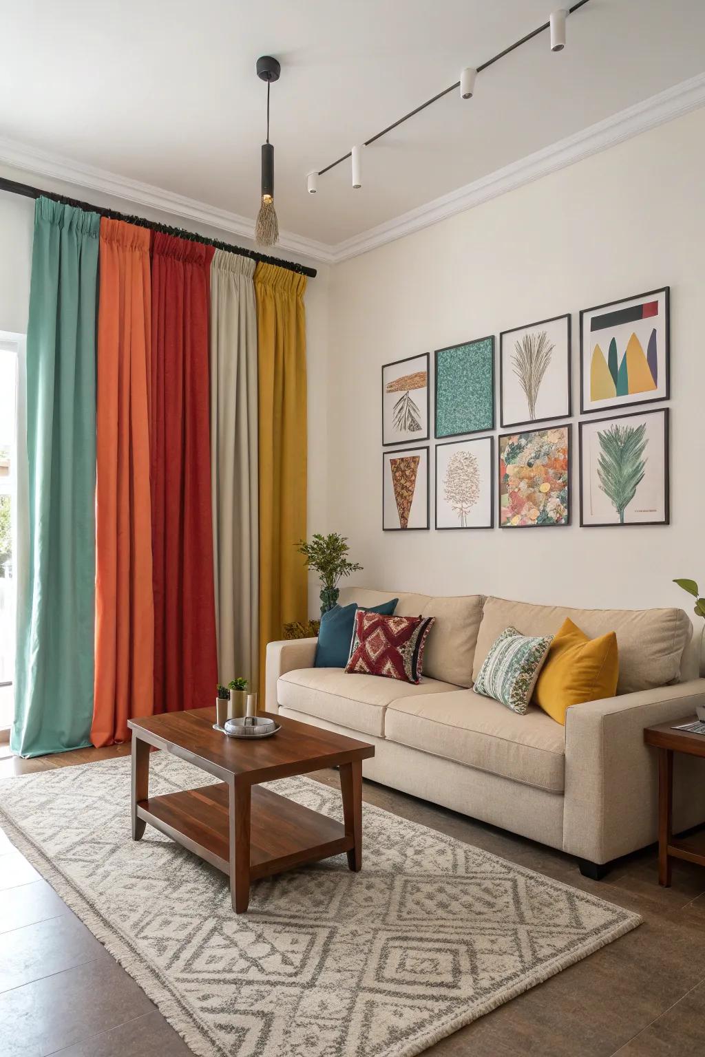 A burst of hue in your window coverings can energize a neutral living space.