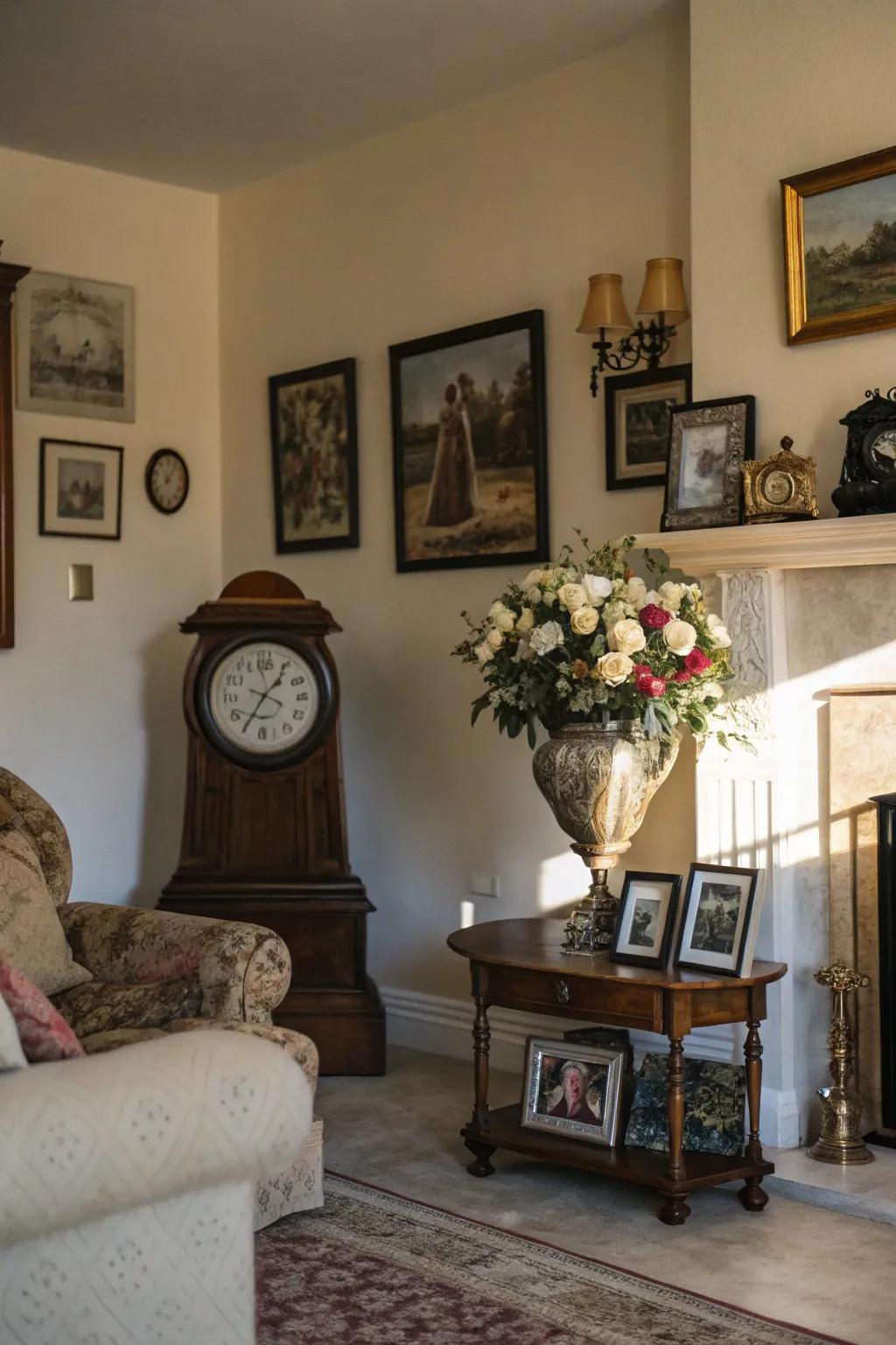 Vintage treasures infuse the living space with character and a sense of history.