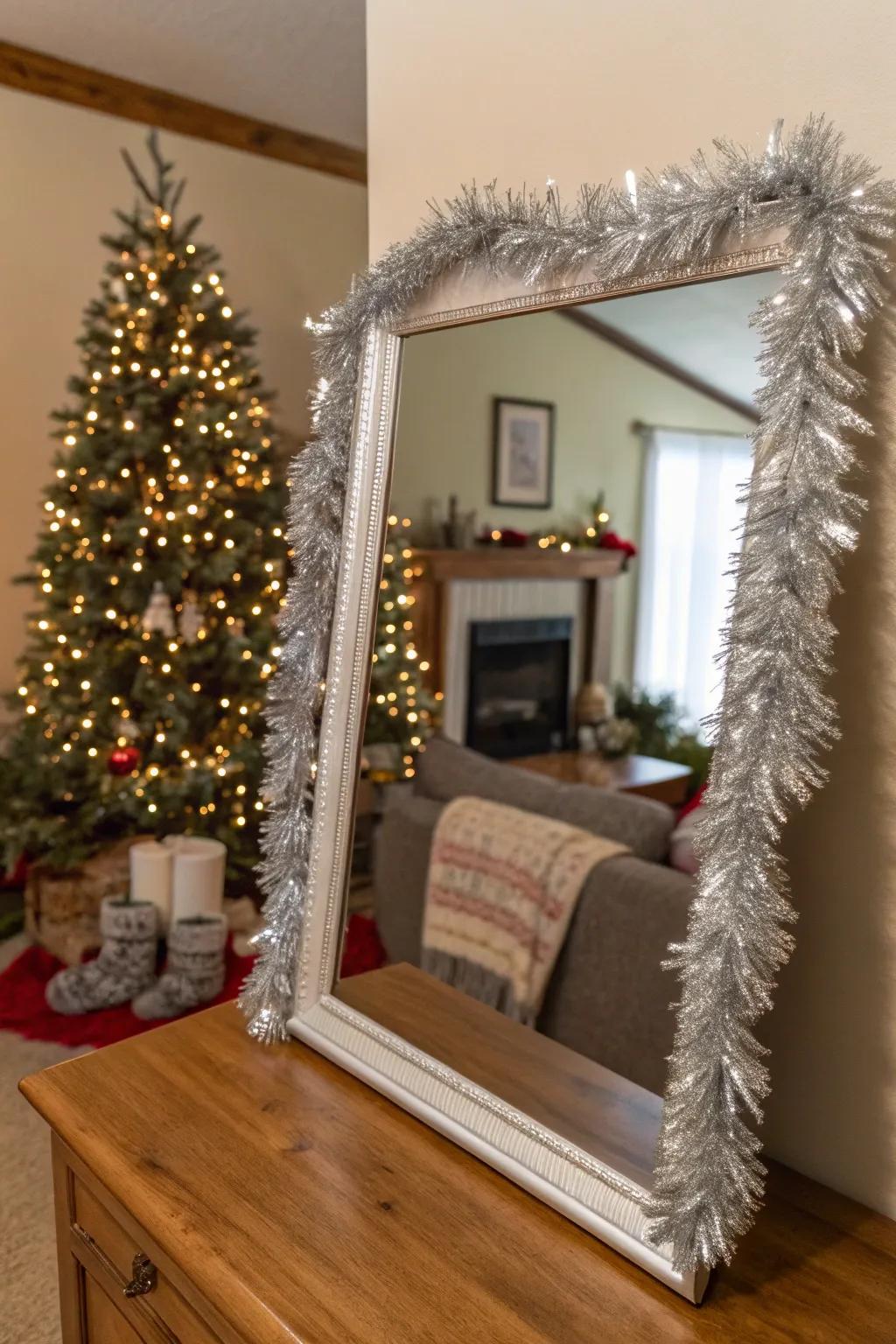A looking glass beautifully enclosed with glittery strands.