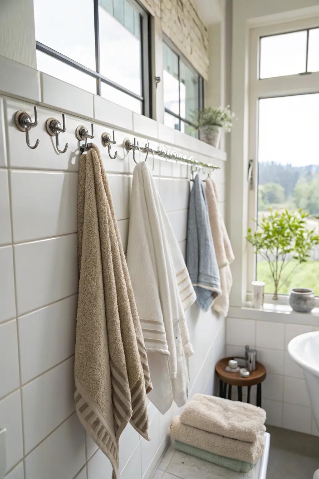 Command hooks provide a non-permanent and versatile towel hanging solution.