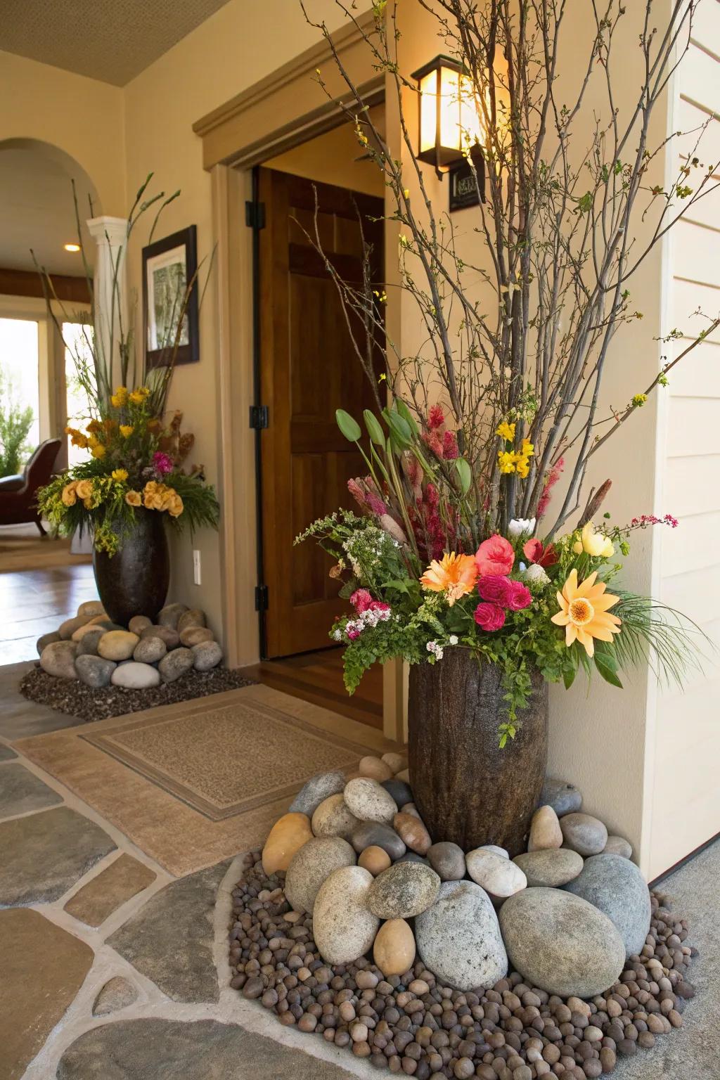 An artistic setting merging flowers with stones and branches.