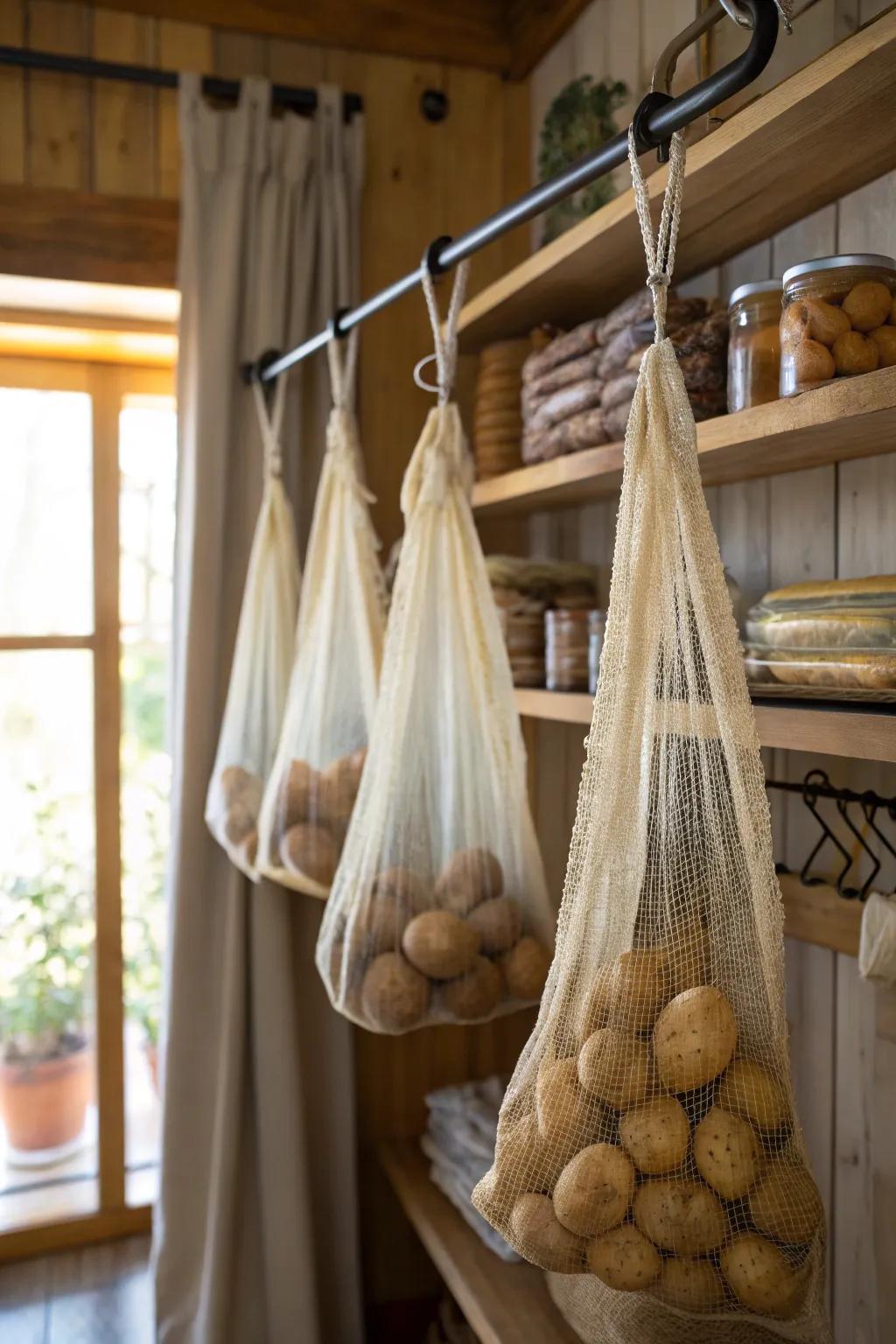 Curtain rod repurposed for novel potato storage.