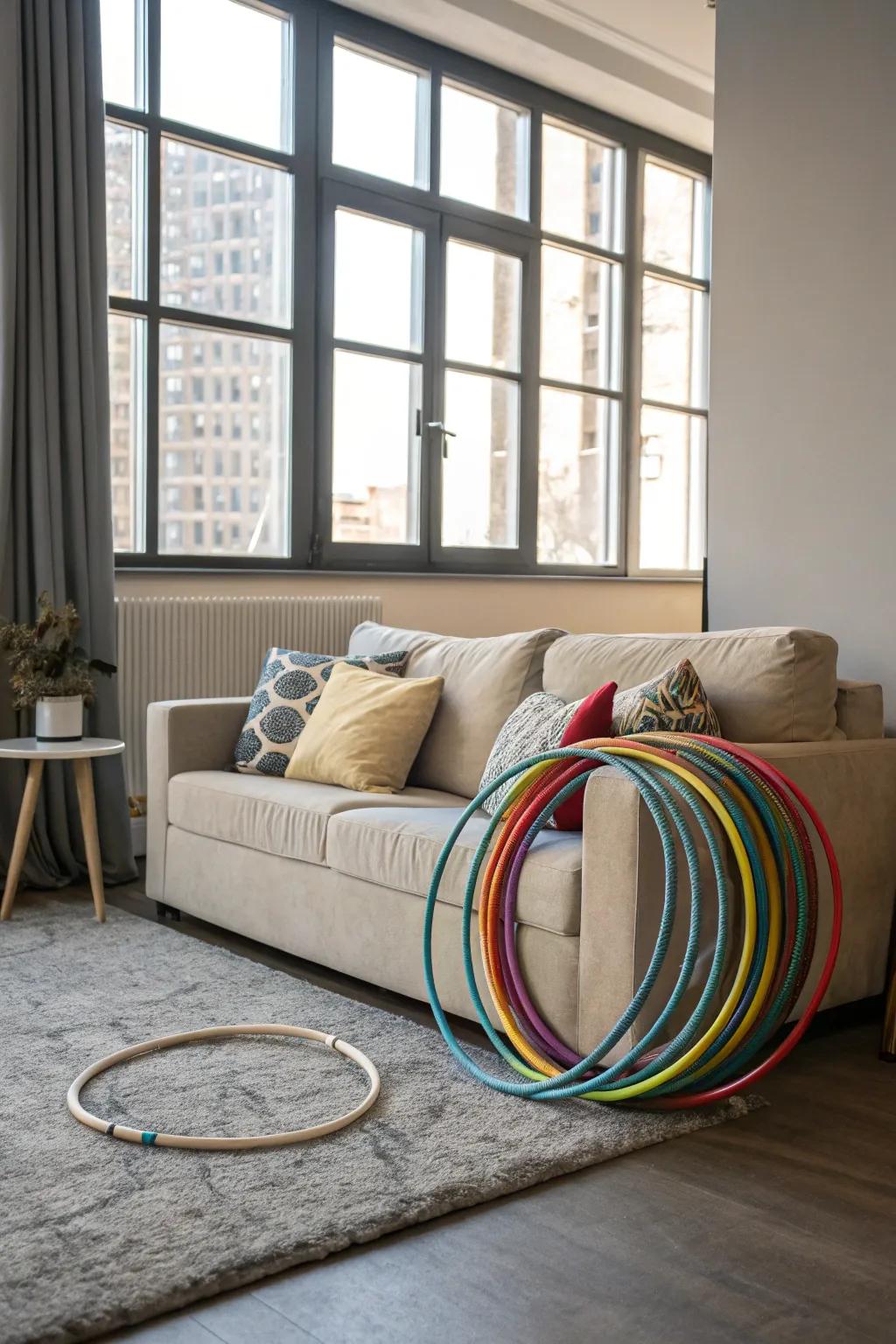 Hula hoops tucked behind a couch, cleverly hidden and still within reach.