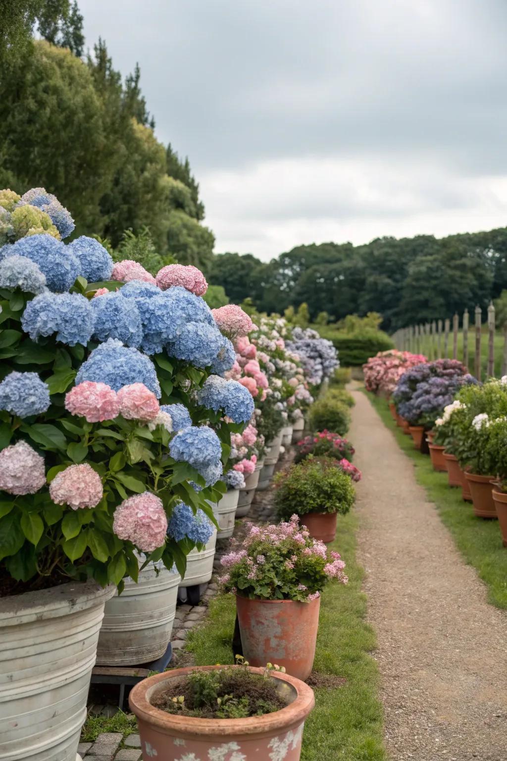 Staggered arrangement of hydrangeas crafting a dynamic garden display.