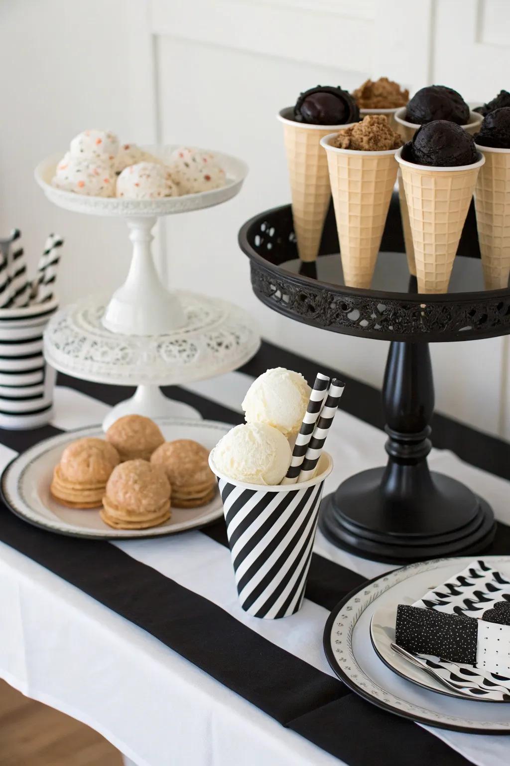 A chic monochrome ice cream display that generates a bold statement.