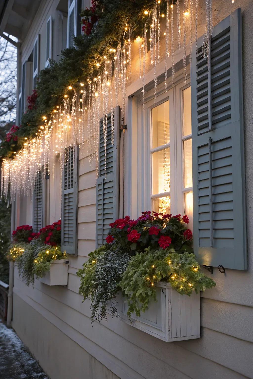 Window boxes sparkling with dazzle drops, adding charm to the home's exterior.