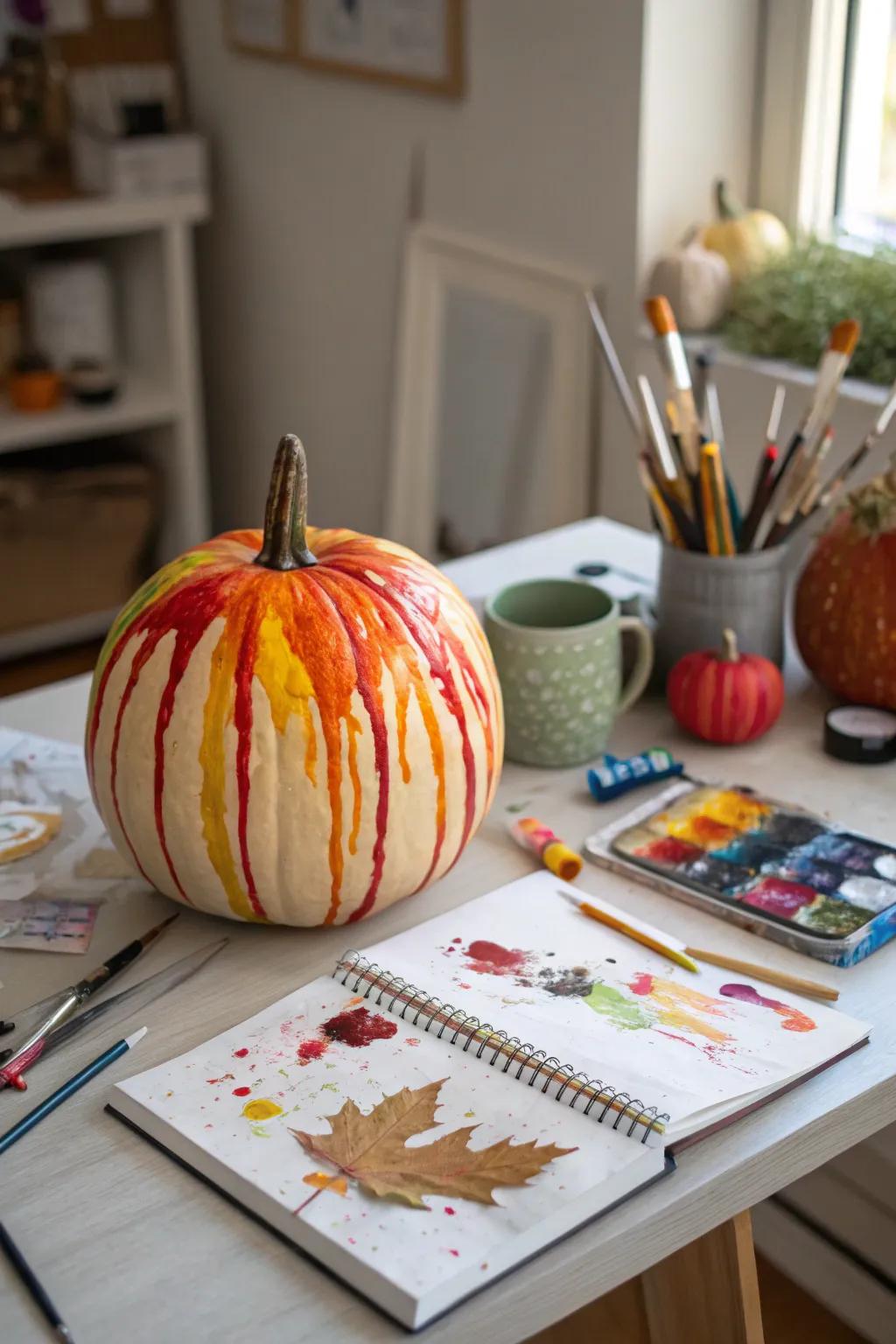 A pumpkin with wax cascades fashioning an artistic and vibrant display.