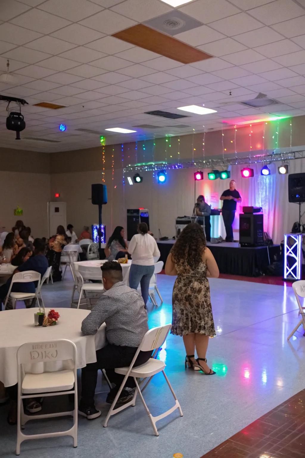 An energetic interior party showcasing a melody and dance zone.