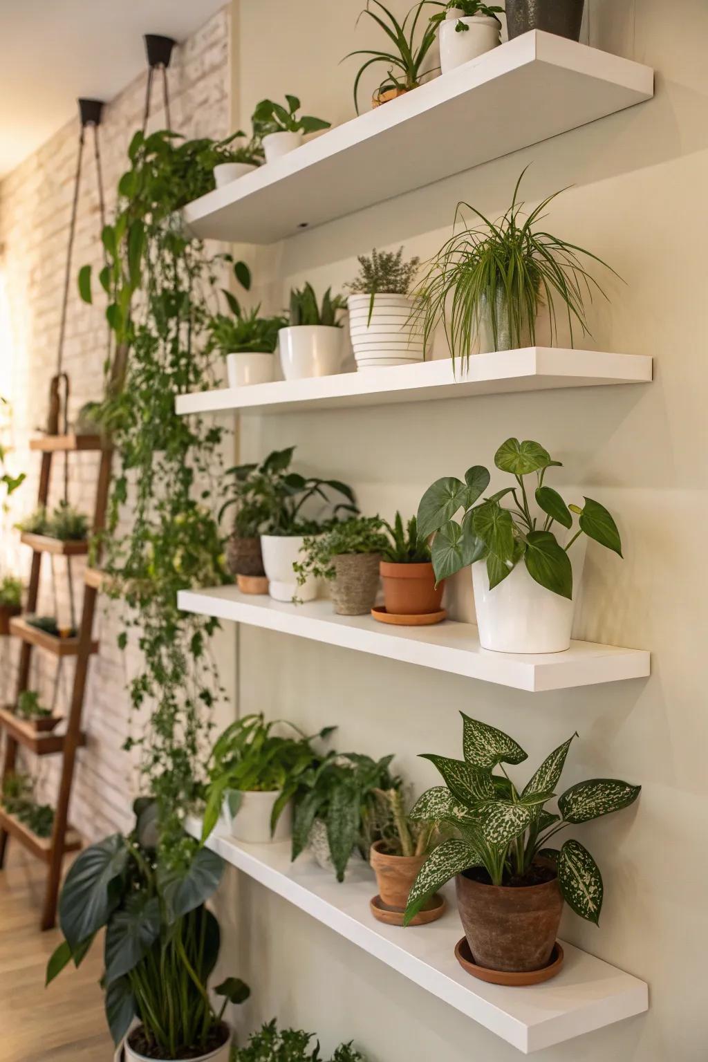 Maximize space with free-hanging plant ledges.