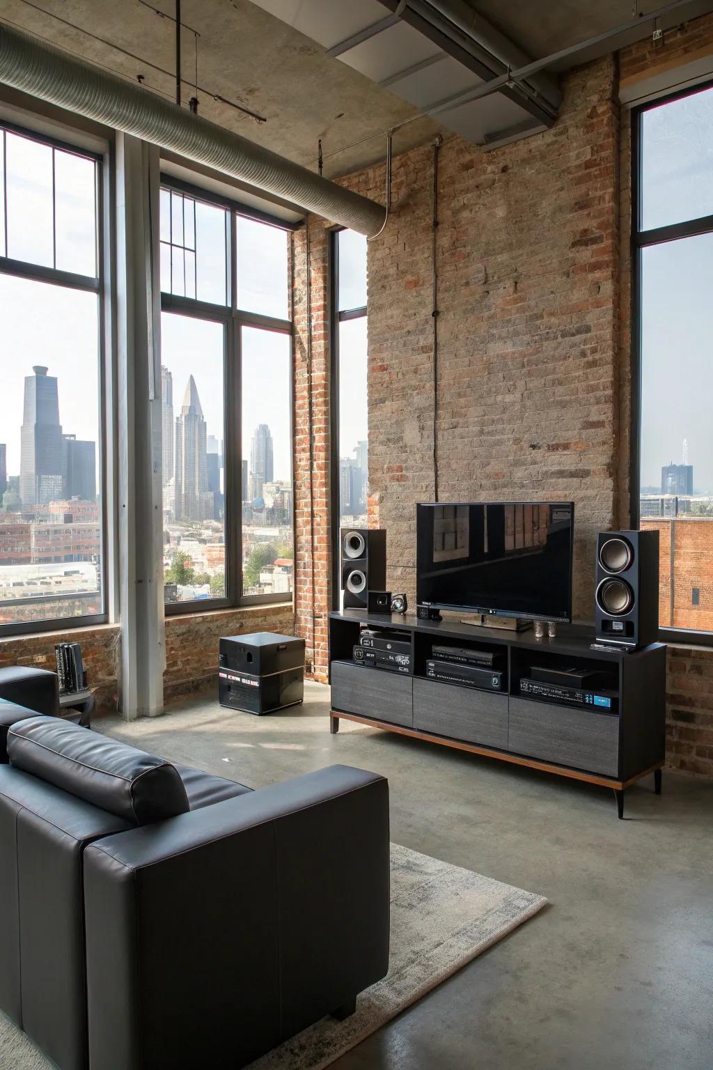 Modern electronics complement the industrial decor.