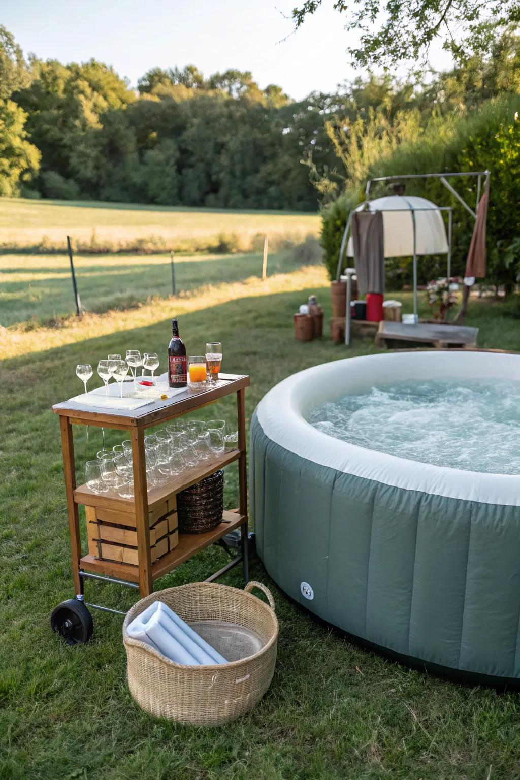A bar zone enhances social gatherings around the bubbly spa.
